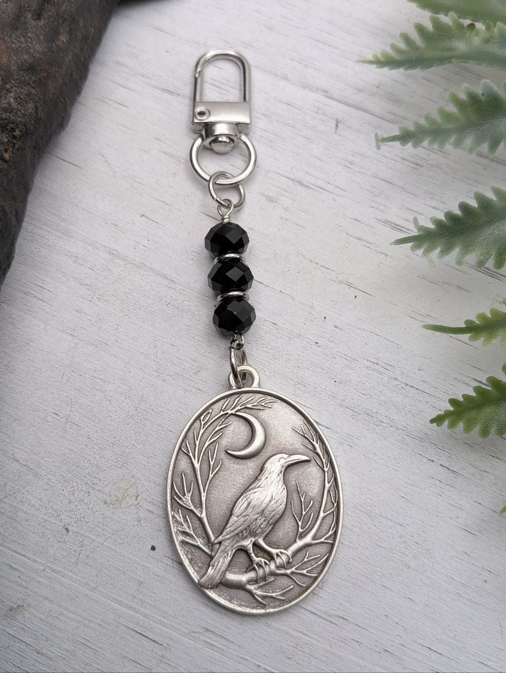Silver Raven Moon Keychain / Bag Charm with Black Beads